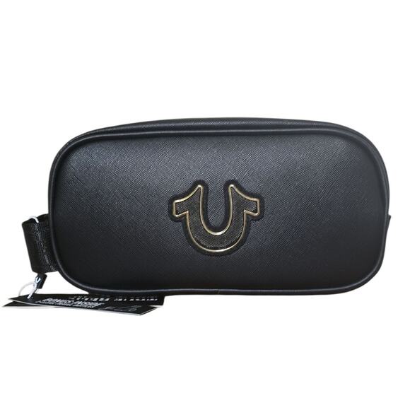 True Religion Men's Vemo Toiletry Bag Black Gold Horseshoe Logo Dopp Kit Bottles